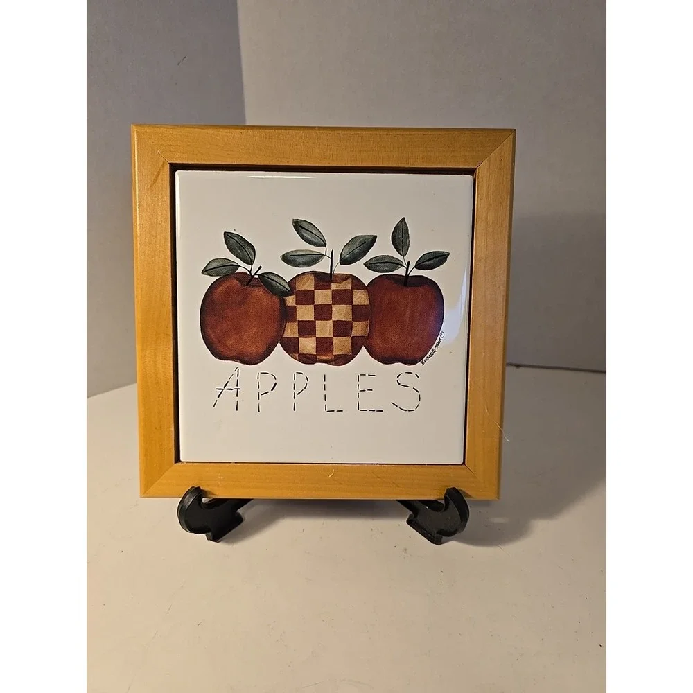 Vintage Apples Wood Trimmed Ceramic Trivet Kitchen Decor Country Hotpad‎ Checker